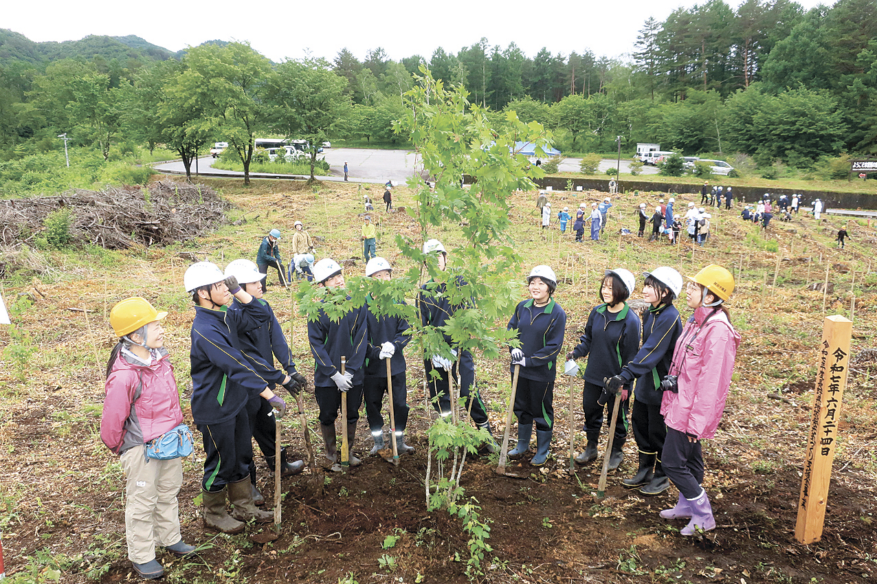 開田高原で植樹 未来託す 閉校の中学思いカエデも 木曽馬の里入り口に