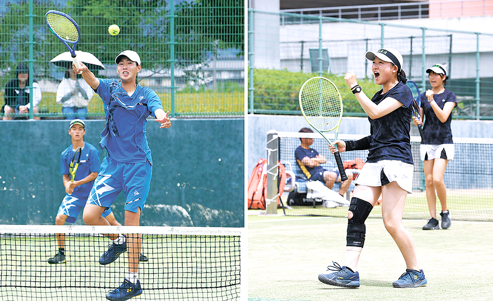 女子決勝でストレート勝ちした山田・水口組(右)と男子決勝で活躍した新村・飯島組