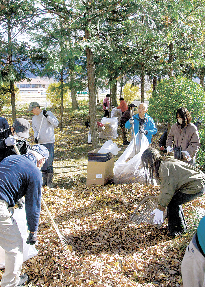 落ち葉をかき集める参加者